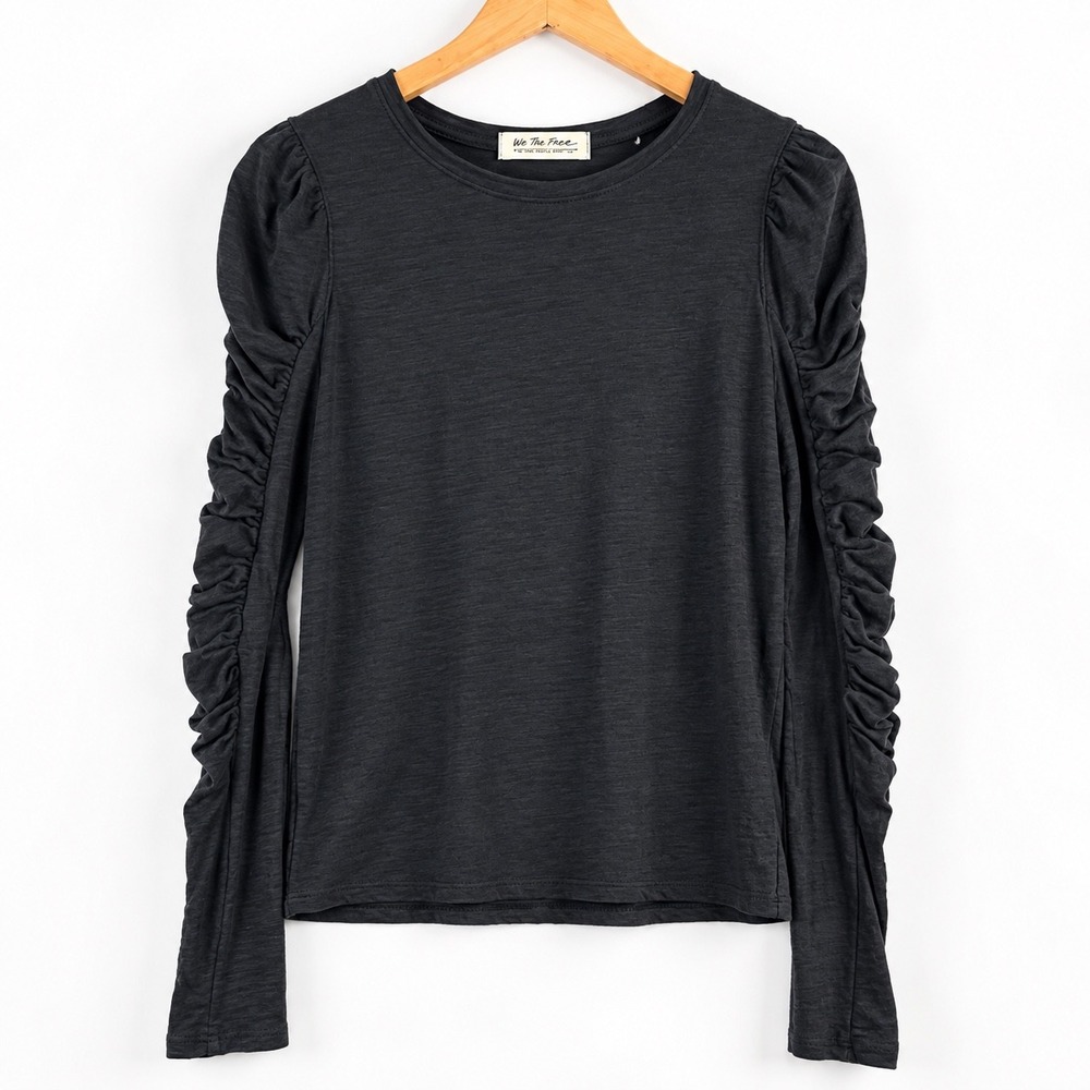 Free People We The Free Ruched Puff Sleeve Slub Knit Top Charcoal Gray Small